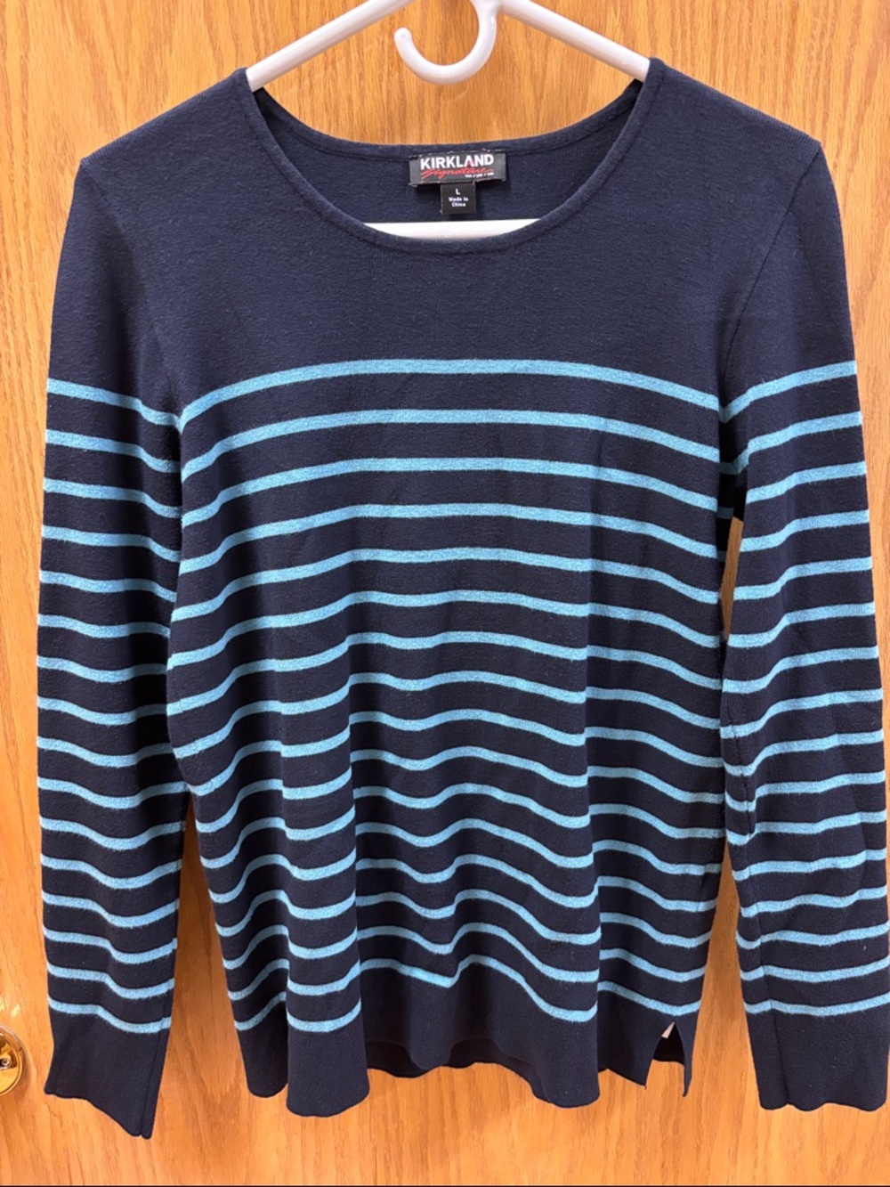 Kirkland Signature Navy and Light Blue Striped Crewneck Sweater